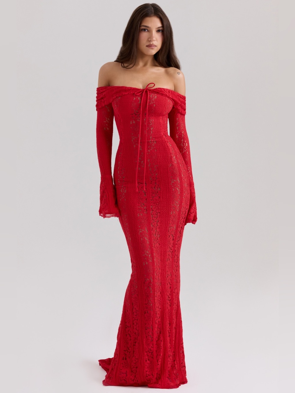 House of CB Belle Red Off-Shoulder Lace Dress Gown XS NWOT $329